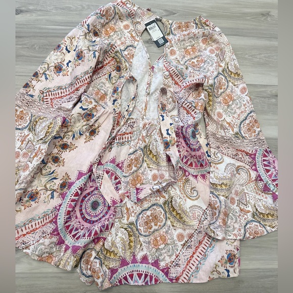 Guess Kali Paisley Cutout Long Sleeve Linen Romper L - Picture 5 of 8